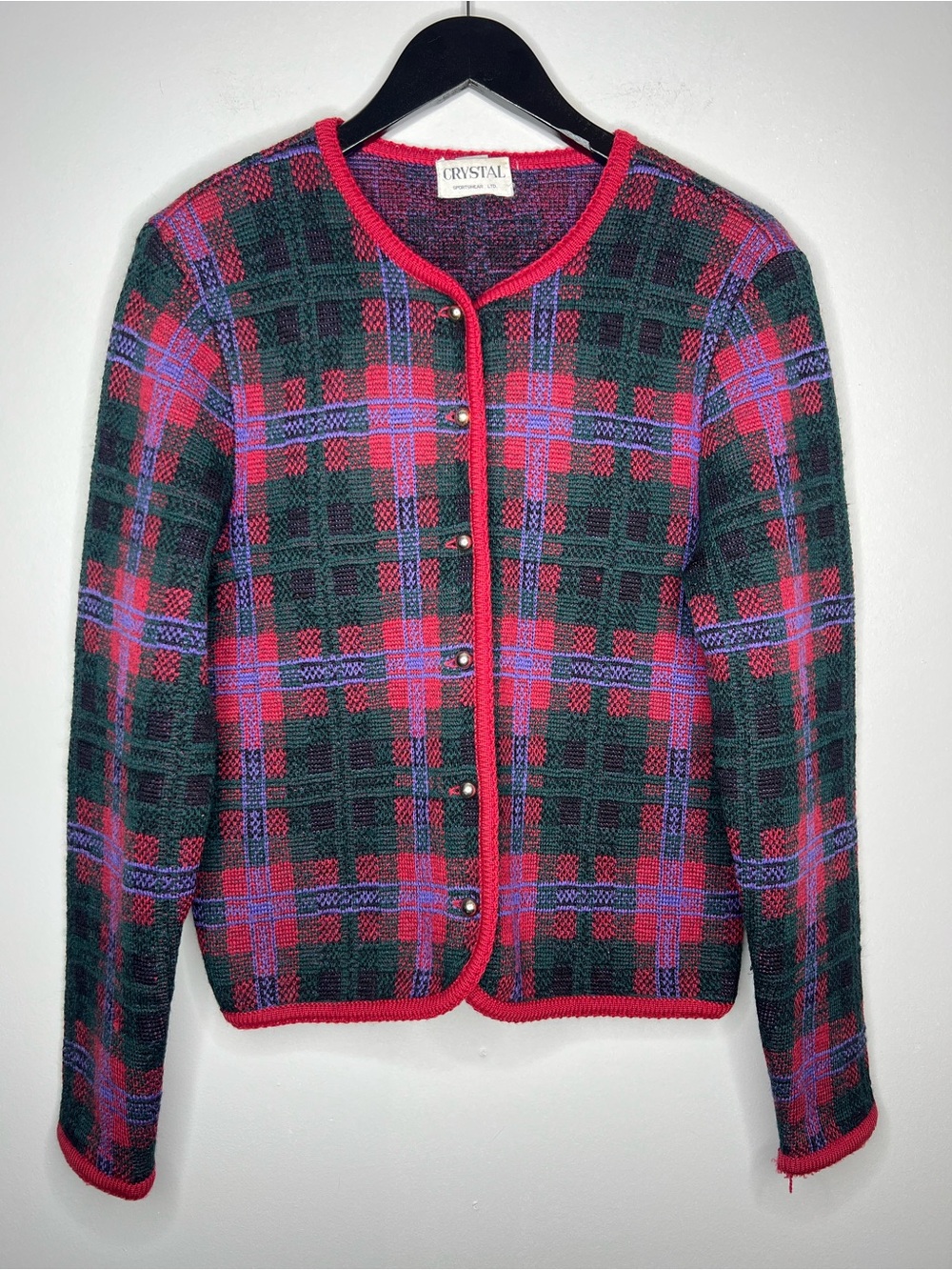 Vintage 100% Wool Cardigan Plaid Nordic Red Green Gold Buttons Size M Old Money - Picture 2 of 13